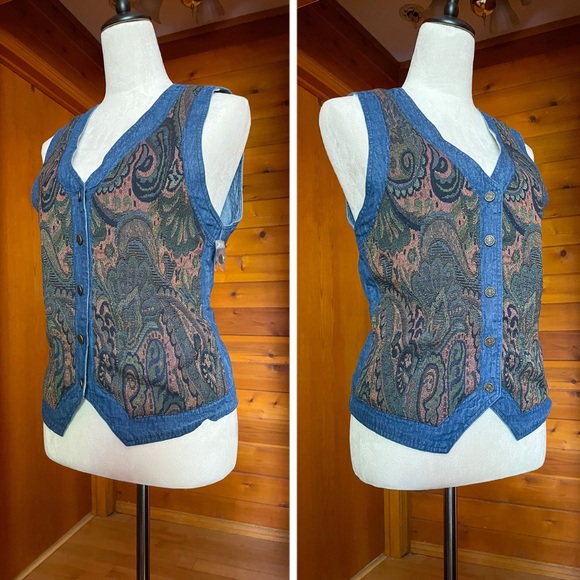 Vintage 90s Tie Back Denim Tapestry Vest Sz Small - Picture 3 of 4